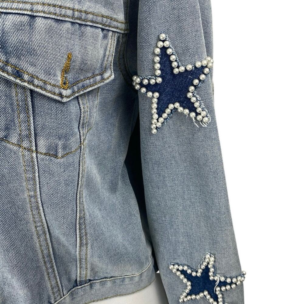 Women's Blue Star Beaded Long Sleeve Frayed Button Up Denim Jean Jacket Size M - Picture 3 of 5